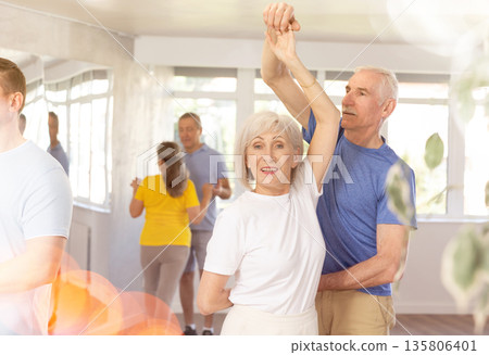 Couple of elderly man and woman dancing waltz 135806401