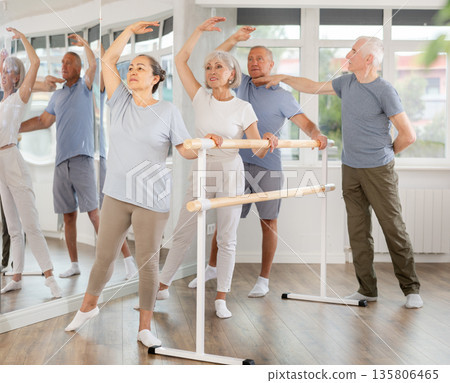 Group of elderly dancers engaged in ballet in dance studio perfoms exercise near ballet barre, senior male choreographer helps to coordinate movements correctly Group of elderly dancers engaged in ballet in dance studio perfoms exercise near ballet barre, senior male choreographer helps to coordinate movements correctly 135806465