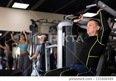 Sporty male athlete using overhead press machine in gym Sporty male athlete using overhead press machine in gym 135806489