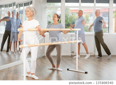 Two mature women practicing plie position during ballet classes 135806540