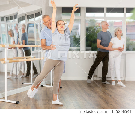 Elderly couples learning to dance ballet in dance studio Elderly couples learning to dance ballet in dance studio 135806541