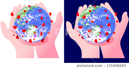 雙手緊緊捧著地球，周圍飛舞著無數心形符號，象徵世界和平與愛。 135806665