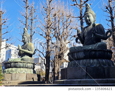 Statues of Kannon and Seishi Bodhisattvas at Sensoji Temple, Tokyo, Japan. Statues of Kannon and Seishi Bodhisattvas at Sensoji Temple, Tokyo, Japan. 135806821