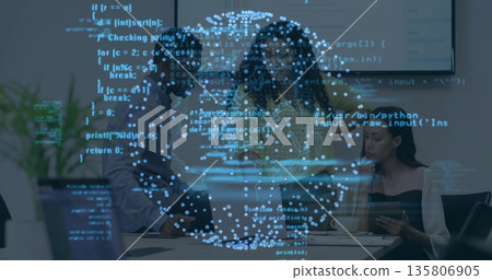 Three professionals pointing at laptop and taking notes in conference room with code overlay screen Three professionals pointing at laptop and taking notes in conference room with code overlay screen 135806905