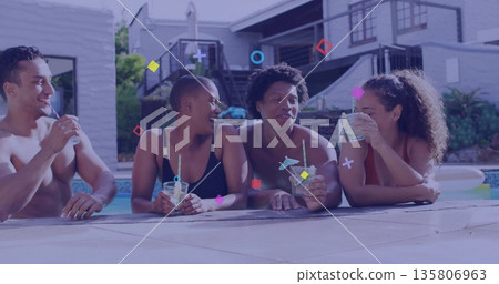 Leaning group of four friends sipping cocktails at backyard pool near ladder, with patio furniture Leaning group of four friends sipping cocktails at backyard pool near ladder, with patio furniture 135806963
