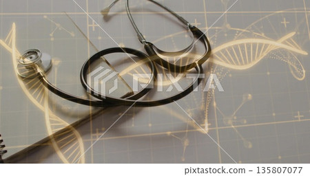 Black stethoscope resting on grid-patterned workbench, with notebook edge, DNA network overlay Black stethoscope resting on grid-patterned workbench, with notebook edge, DNA network overlay 135807077