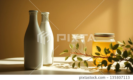 Milk, Honey, and Botanical Still Life in Warm Light Milk, Honey, and Botanical Still Life in Warm Light 135807113