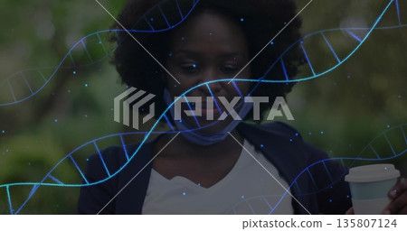 Sitting masked woman wearing navy blazer, sipping coffee on garden bench, with DNA helix overlay Sitting masked woman wearing navy blazer, sipping coffee on garden bench, with DNA helix overlay 135807124