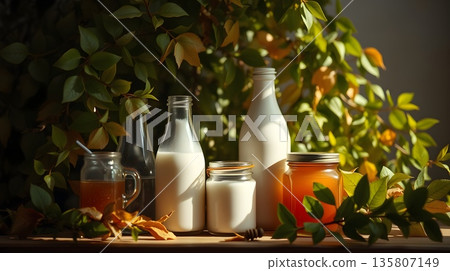 Autumnal Still Life: Milk, Juice, and Honey in Sunlight 135807149