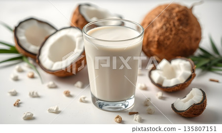 Fresh Coconut Milk and Tropical Fruit Still Life 135807151