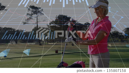 Senior golfer adjusting club grip on golf fairway, with bag, glove, visor, overlays, copy space Senior golfer adjusting club grip on golf fairway, with bag, glove, visor, overlays, copy space 135807158