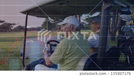 Driving golf cart on fairway, golfers wearing golf attire with golf clubs and line chart overlays Driving golf cart on fairway, golfers wearing golf attire with golf clubs and line chart overlays 135807176