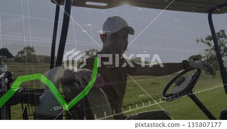 Man wearing polo and baseball cap driving golf cart on fairway, with dog, green graph overlay Man wearing polo and baseball cap driving golf cart on fairway, with dog, green graph overlay 135807177