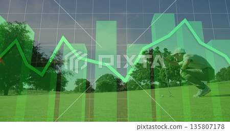 Golfer in golf attire lining up putt on green, with putter, ball, financial overlays, copy space Golfer in golf attire lining up putt on green, with putter, ball, financial overlays, copy space 135807178