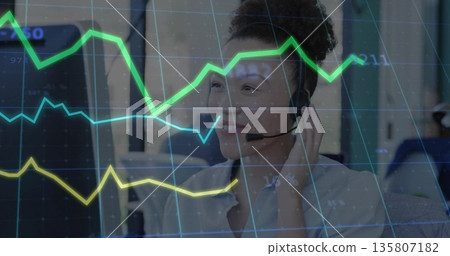 Smiling woman wearing headset glancing at monitor in open-plan office, with data graphs overlay Smiling woman wearing headset glancing at monitor in open-plan office, with data graphs overlay 135807182
