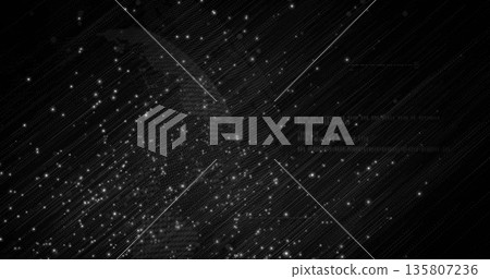 Digital wireframe head floating in digital space, with grid lines, data nodes and overlay text 135807236