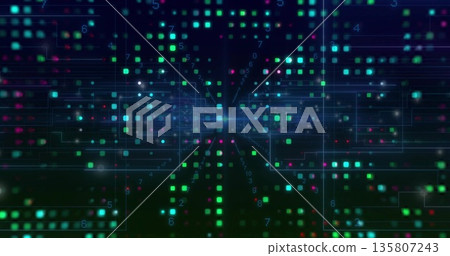 Digital grid receding toward center in dark network with glowing squares, circuit lines and digits 135807243