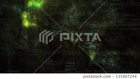 Displaying topographic visualization on dark screen, with glowing green hotspots and code fragments 135807244
