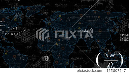 Displaying world map outline hovering over grid, with equations, pixel clusters and data icons Displaying world map outline hovering over grid, with equations, pixel clusters and data icons 135807247