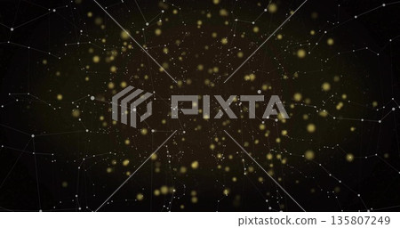 Displaying white nodes with connecting lines in virtual space, with yellow glowing particles Displaying white nodes with connecting lines in virtual space, with yellow glowing particles 135807249