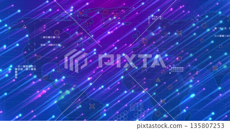 Displaying abstract digital world map streaming neon streaks in virtual network, with data icons 135807253