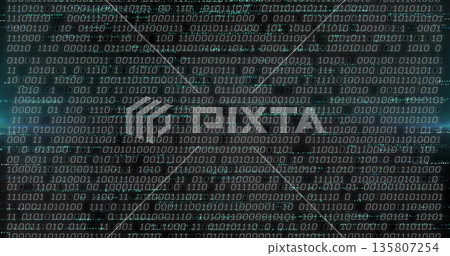 Displaying binary code streams scrolling across dark digital display, with alphanumeric characters Displaying binary code streams scrolling across dark digital display, with alphanumeric characters 135807254