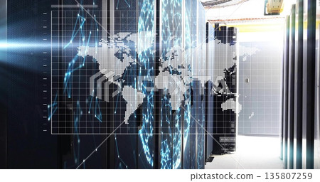 Showing digital grid and world map overlaying data center aisle with server racks and cabling 135807259