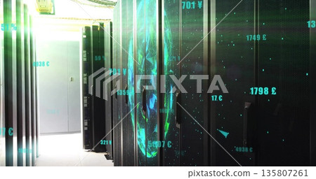 Projecting holographic globe above server racks in data center corridor with floating money labels 135807261
