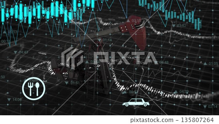Displaying pump jack on digital chart, showing teal candlestick bars, fork-and-knife, car icons Displaying pump jack on digital chart, showing teal candlestick bars, fork-and-knife, car icons 135807264