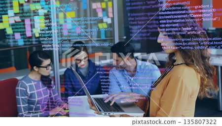 Collaborating four coworkers analyzing code in office lounge, with laptops and holographic overlay 135807322