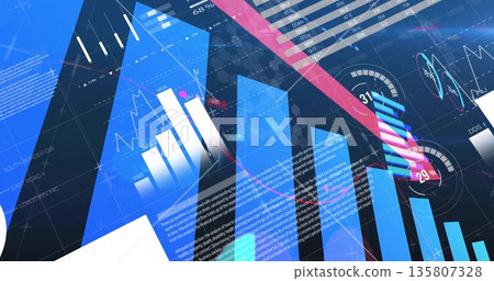 Displaying abstract digital dashboard in analytics interface, with bar charts and progress meters Displaying abstract digital dashboard in analytics interface, with bar charts and progress meters 135807328
