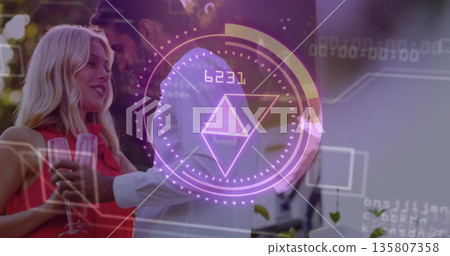 Couple wearing red dress white shirt clinking wine glasses on terrace, with purple HUD overlay Couple wearing red dress white shirt clinking wine glasses on terrace, with purple HUD overlay 135807358