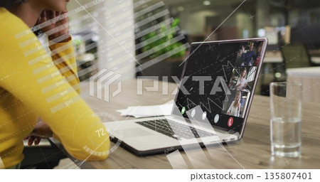 Leaning businesswoman in yellow sweater engaging virtual meeting at office, with laptop, copy space Leaning businesswoman in yellow sweater engaging virtual meeting at office, with laptop, copy space 135807401