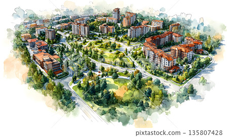 Top down city plan layout with zones and color coded areas. 135807428