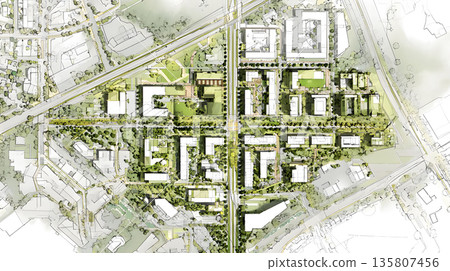 Top down city plan layout with zones and color coded areas. Top down city plan layout with zones and color coded areas. 135807456