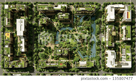 Top down city plan layout with zones and color coded areas. 135807477