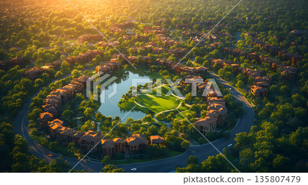 Top down city plan layout with zones and color coded areas. 135807479