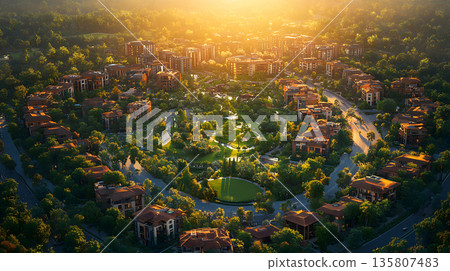 Top down city plan layout with zones and color coded areas. Top down city plan layout with zones and color coded areas. 135807483