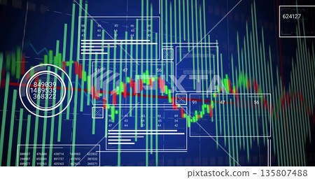 Dark blue grid filling screen when green bars rising while candlestick line animating marking peaks 135807488