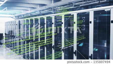Displaying server racks with glass doors under fluorescent lights in data center, with code overlay Displaying server racks with glass doors under fluorescent lights in data center, with code overlay 135807494