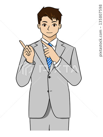 一位身穿西裝的年輕商人，用雙手（上半身）指向右側進行解釋。 135807598