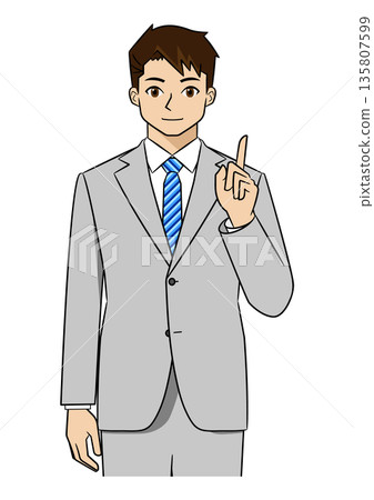 A young businessman in a suit pointing with his left index finger (upper body) 135807599