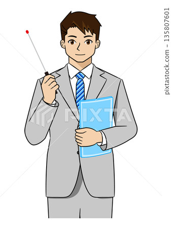 A young businessman in a suit explaining with a pointer in his right hand (upper body) A young businessman in a suit explaining with a pointer in his right hand (upper body) 135807601