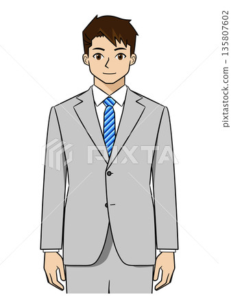 一位身著西裝的年輕商人筆直站立（上半身，正面） 135807602
