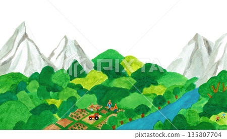 Hand-drawn illustration of a rural area surrounded by mountains, forests, and rivers 135807704
