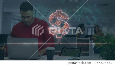 Typing Hispanic man in red long-sleeve shirt at office desk, with neon dollar sign, copy space Typing Hispanic man in red long-sleeve shirt at office desk, with neon dollar sign, copy space 135808559