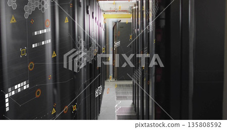 Showcasing narrow corridor connecting server racks in data center, featuring cables and trays Showcasing narrow corridor connecting server racks in data center, featuring cables and trays 135808592