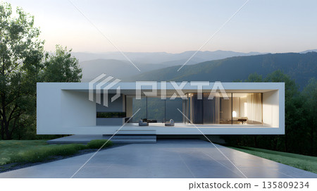 Concept house design with clean geometric style and modern landscaping. 135809234
