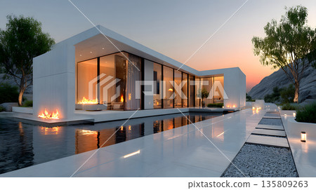 Concept house design with clean geometric style and modern landscaping. 135809263
