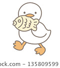 Cute illustration of a duck holding a fish 135809599